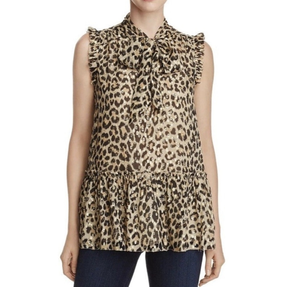 Kate Spade Sleeveless Silk Leopard Print Peplum Blouse Womens Size Large